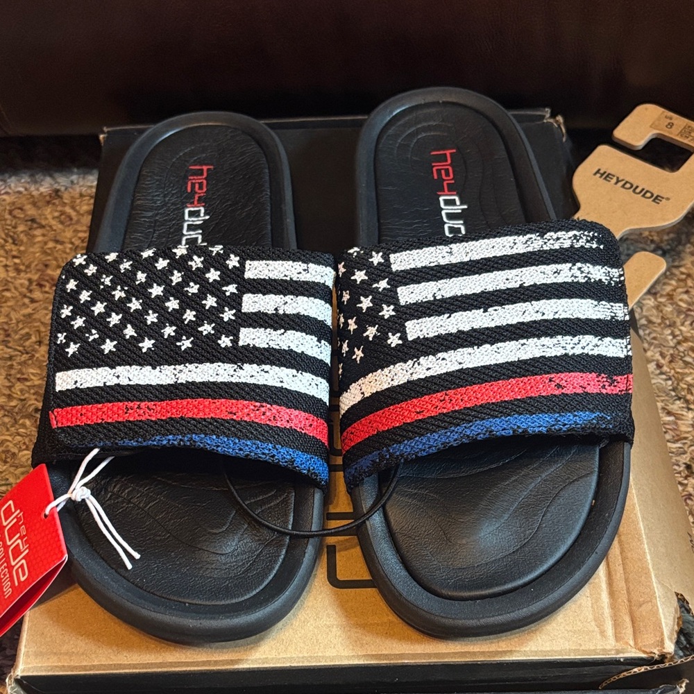 New Hey Dude Flag Patriotic Slide Sandals Black, Red, Blue Phoenix Sox Unite 8
